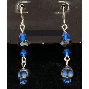 Handmade Blue & Black Skull with Black & Blue Crystal Earrings by Neanie-Bot